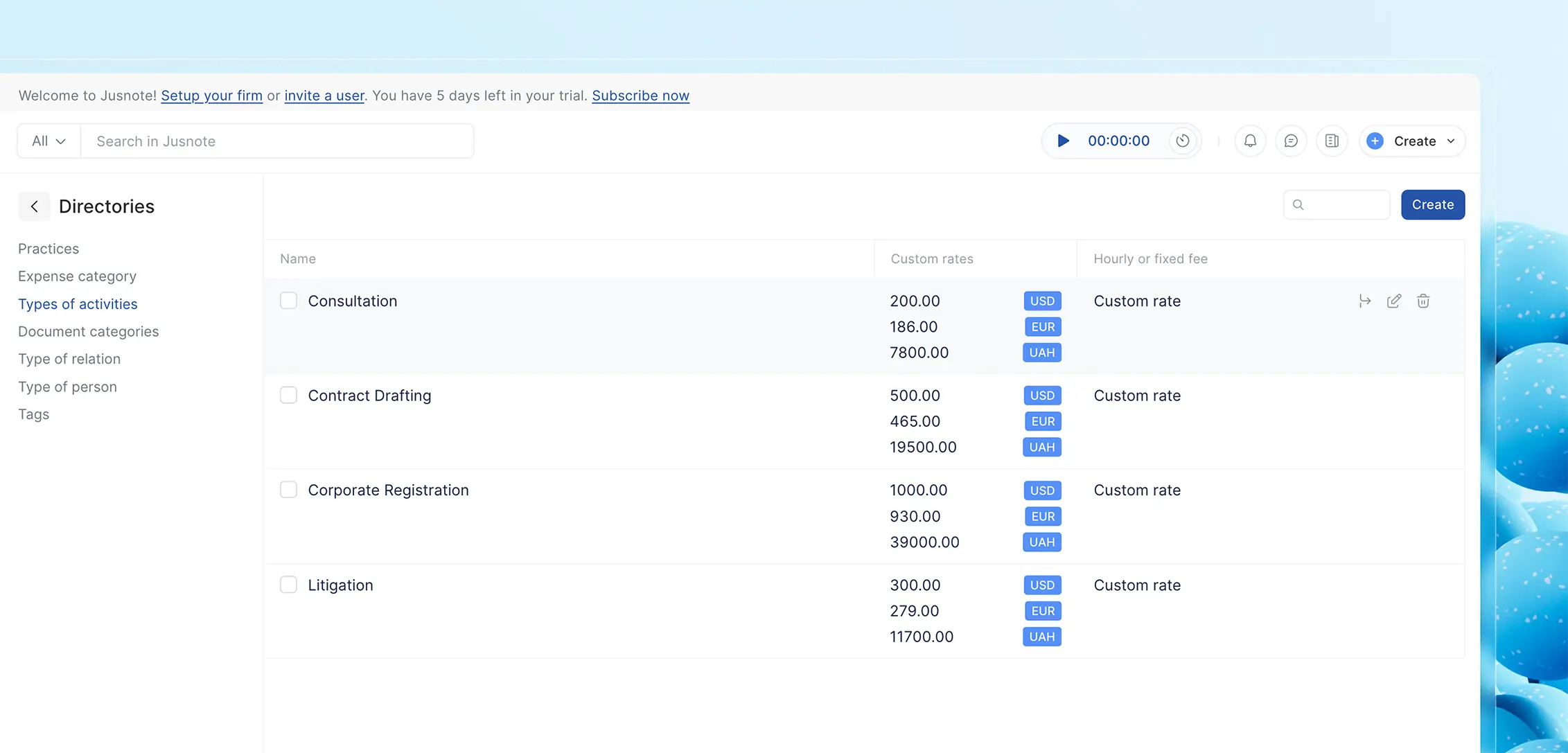 Jusnote types of activities update